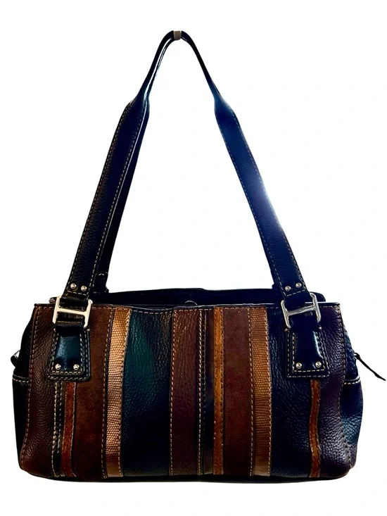 Fossil Vintage Brown Black Striped Leather Shoulder Bag Y2K Patchwork Purse - Picture 1 of 10